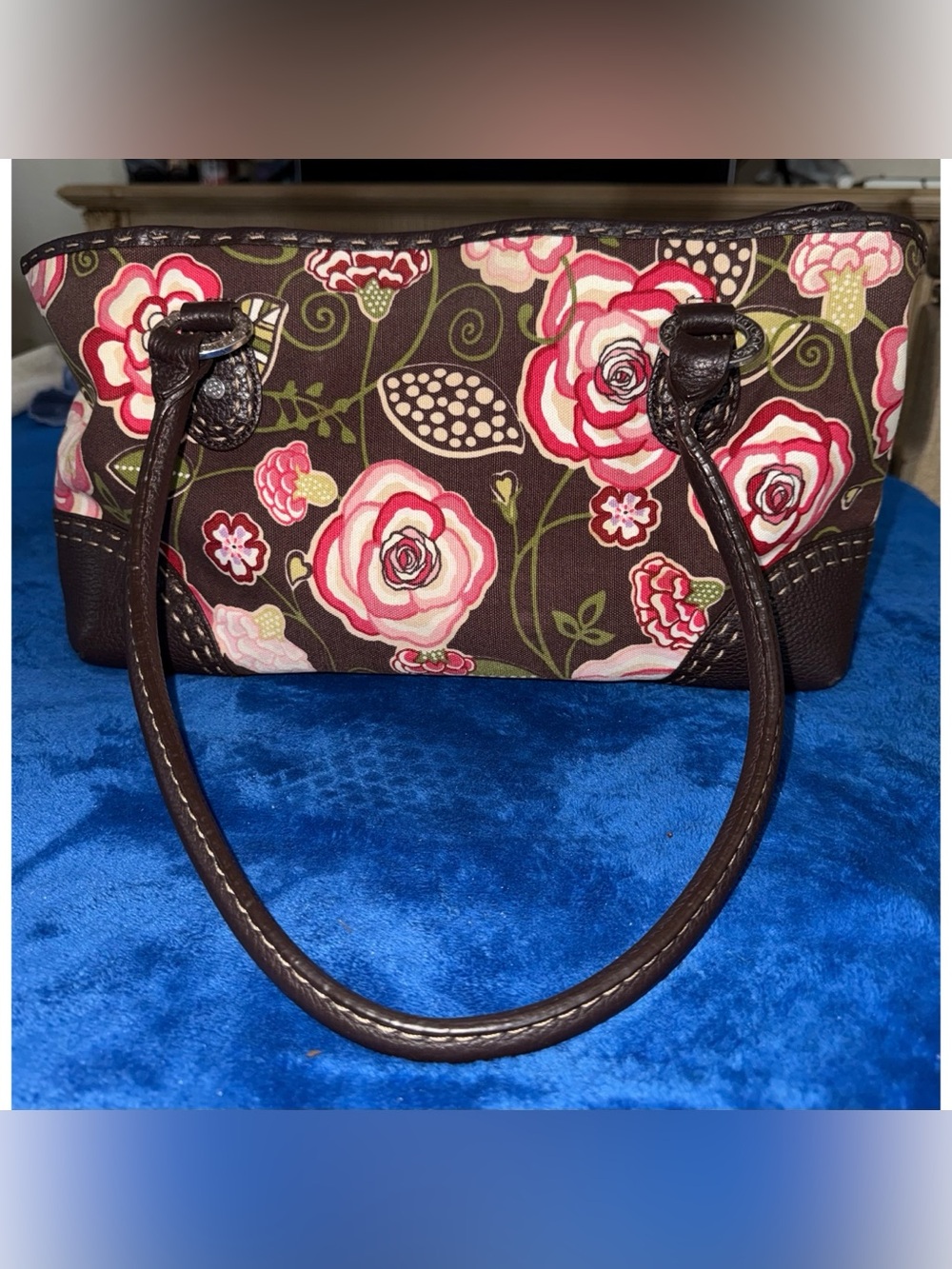 Brighton Floral Print Brown Canvas Tote Bag - Pink Rose Accent